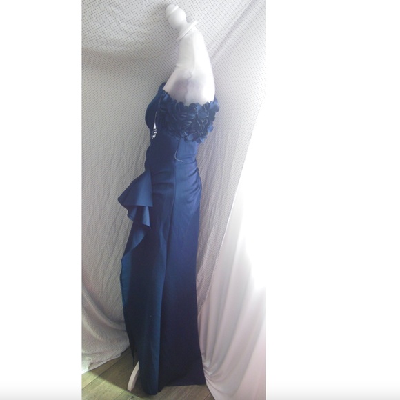 NEW XSCAPE Navy ROSETTE Floral SLEEVE Off The Shoulder RUCHED Scuba Crepe GOWN 6 - Picture 9 of 16